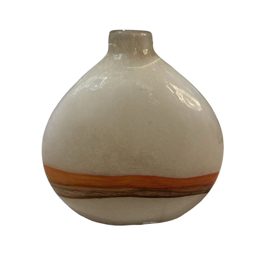 Pier 1 Imports Flat Bottle Glass Vase w/ Orange & Brown‎ Stripes Decorative 10"